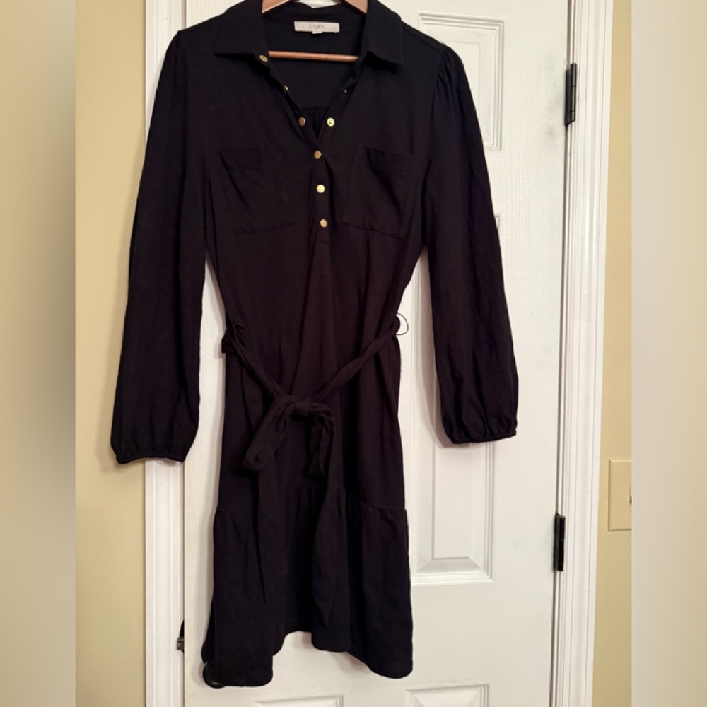 Elegant Black Button-Up Dress Loft belted large dress $89